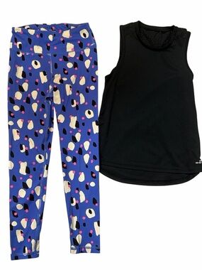 NWOT Hanna Anderson blue printed leggings and EUC black eyelet detail tank 8